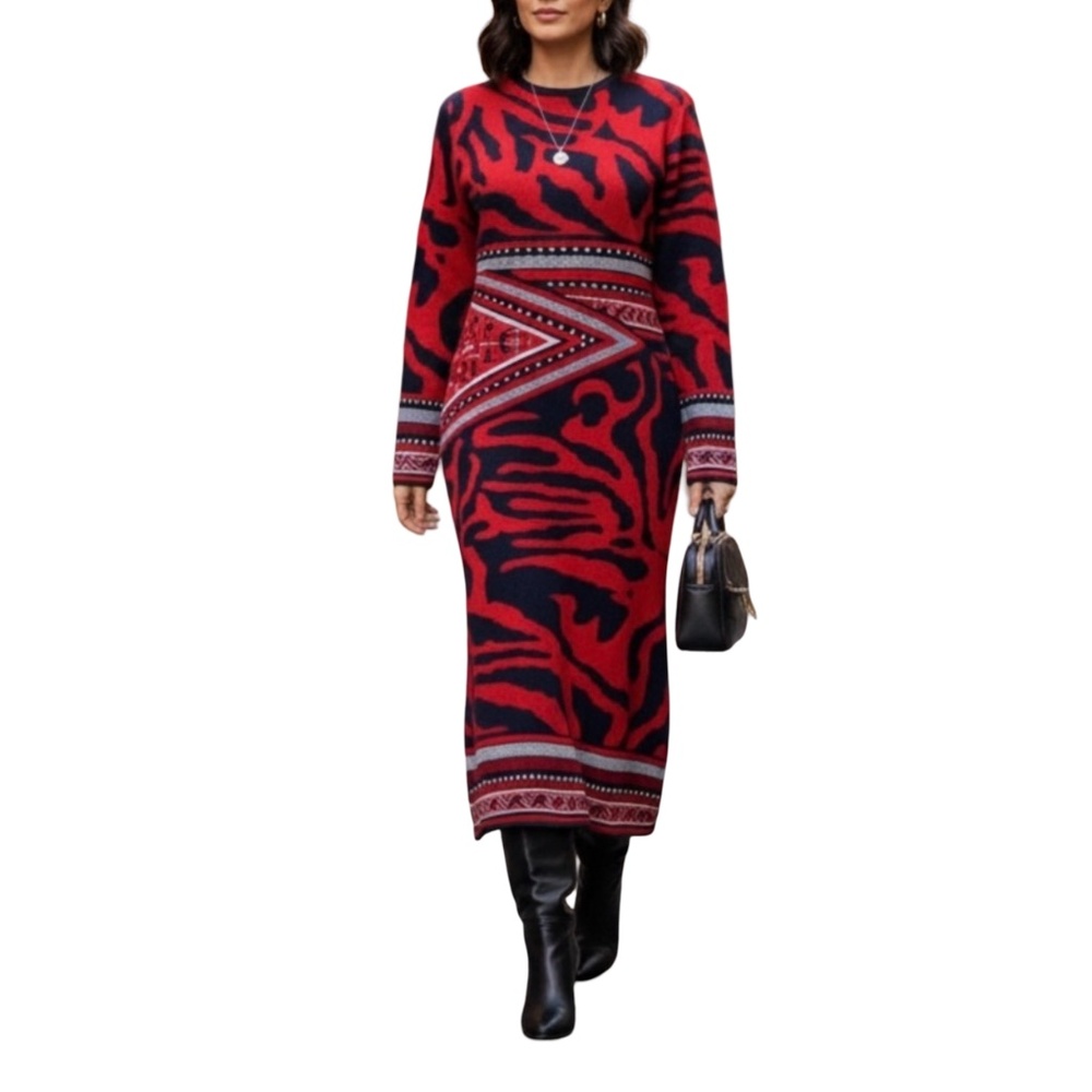 # A255   Nancy  Cozy Chic  knitwear  Red & Black Tribal Print  Dress  NWT  M